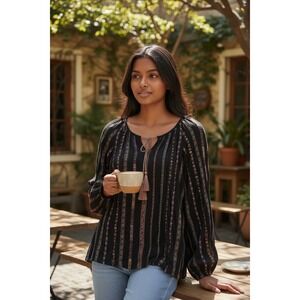 Sundance Black Embroidered Tassel Tie Neck Boho Blouse Women's Size S